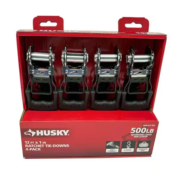 HUSKY RATCHET TIE-DOWN STRAPS 4-PACK 1 in x 12 ft Quick Release Hook 1500 lbs