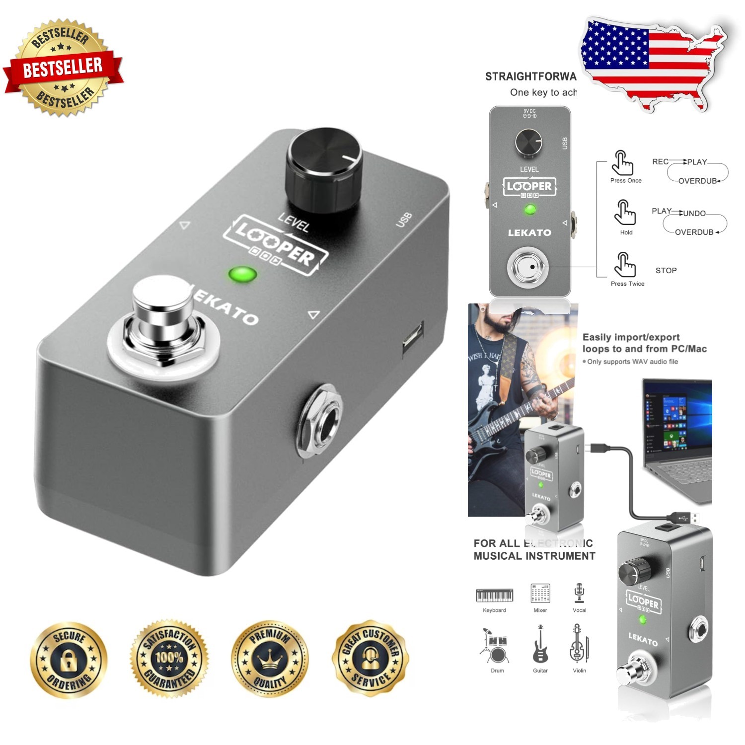 Mini Guitar Looper Pedal 5 Min Uncompressed Audio USB Upload Download