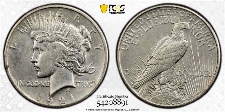 1921 $1 High Relief Peace Dollar PCGS Cleaned -UNC Details- Gold Shield Protect
