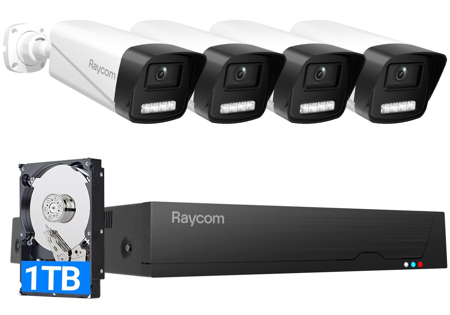 Raycom PoE Security Camera System, 4pcs Wired 3MP Outdoor IP Cameras with Col...