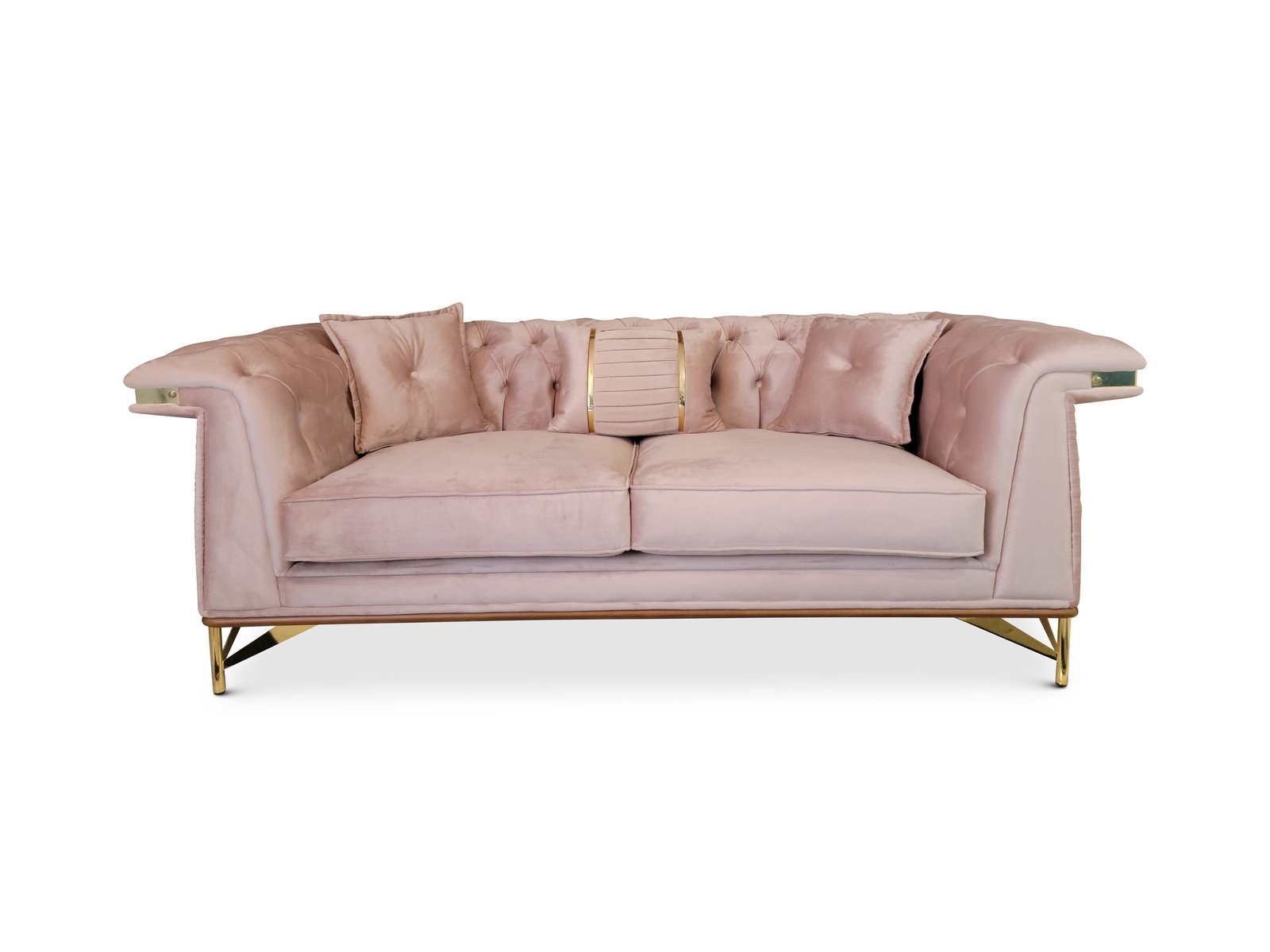 Un azalée, 87''  Rolled Arm Sofa, Light Rose Velvet, Wood Trim, Golden Metal