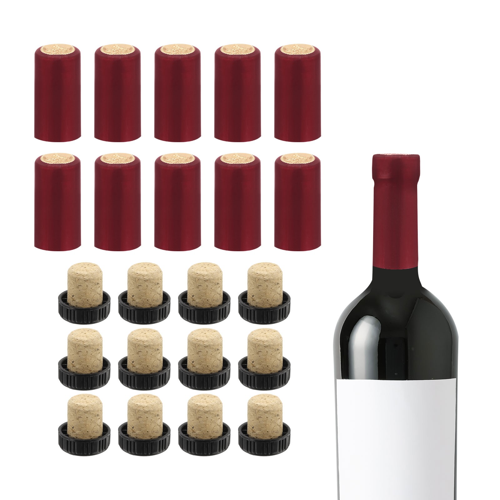 100Pcs PVC Heat Shrink Capsules with 12Pcs T-Shaped Wine Stopper, 30x60mm, Red