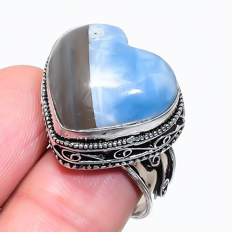 Natural Blue Opal Gemstone 925 Sterling Silver Heart Vintage Adjustable Ring e96