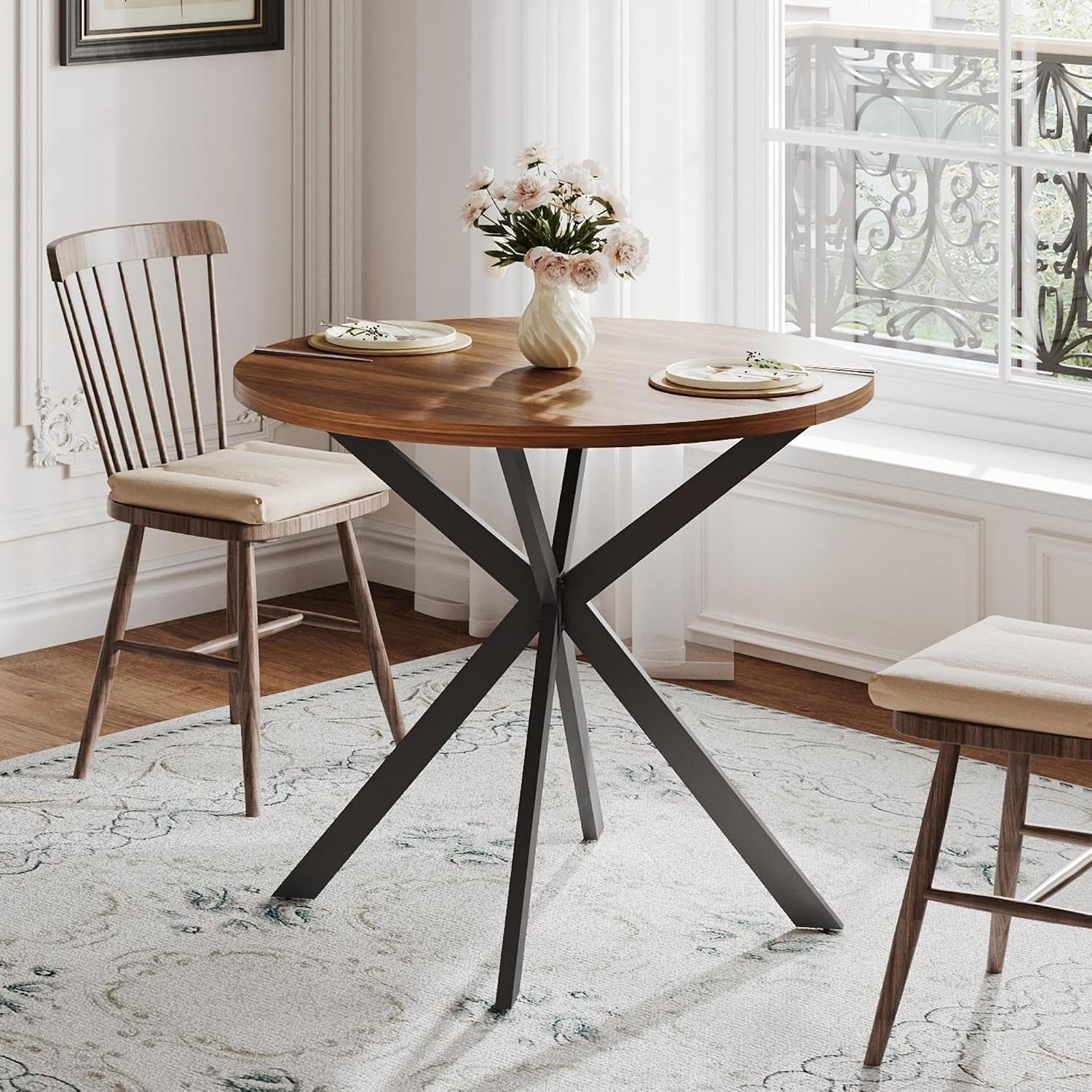 Versatile 31.5 Inch Round Walnut Kitchen Table | Seats 2-4 | Easy to Assemble