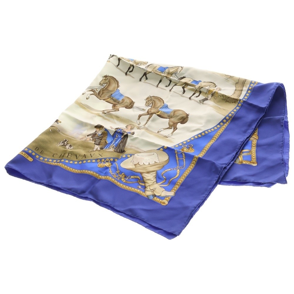 HERMES  PRESENTATION DE CHEVAVX Carr 90 Silk Horse Pattern Scarf Blue