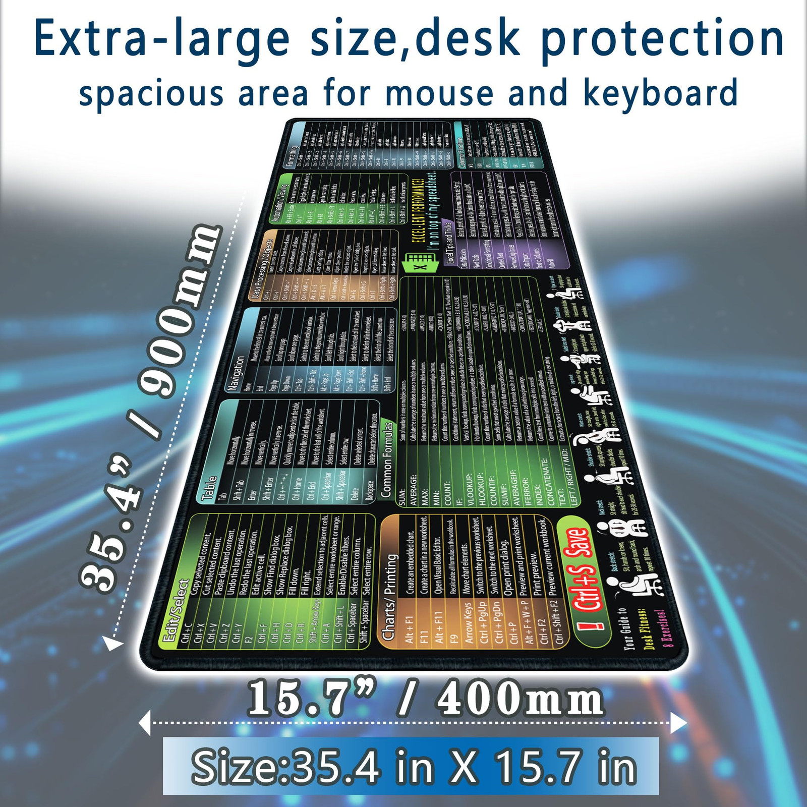 excel Cheat Sheet Mouse pad,Extra Large Office Keyboard Shortcuts Mousepad,Of...