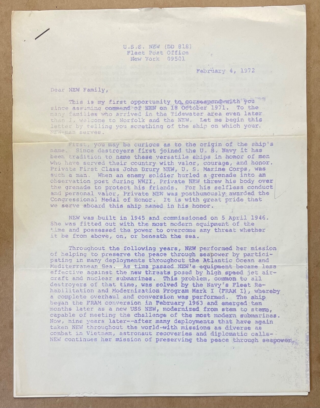 Rare typed LETTER from US Pacific Fleet DDS NEW Commander to Families 1972 COA