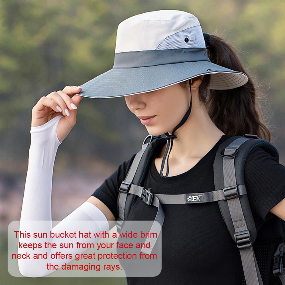 Women Sun Hat Summer Bucket Wide Brim Ponytail Boonie UV Protection Beach Cap