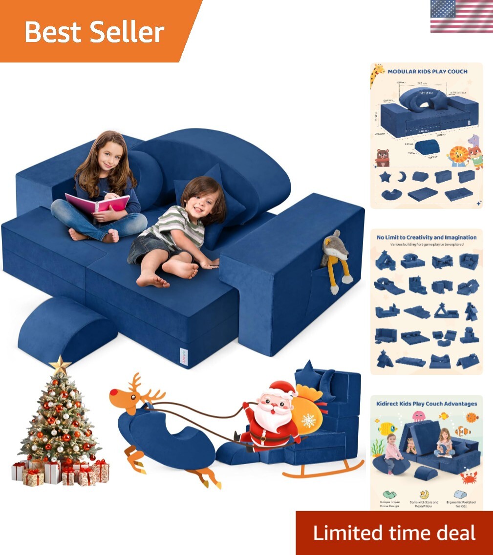 Modular Kids Play Couch - Safe Washable Velvet & Convertible Rocking Horse