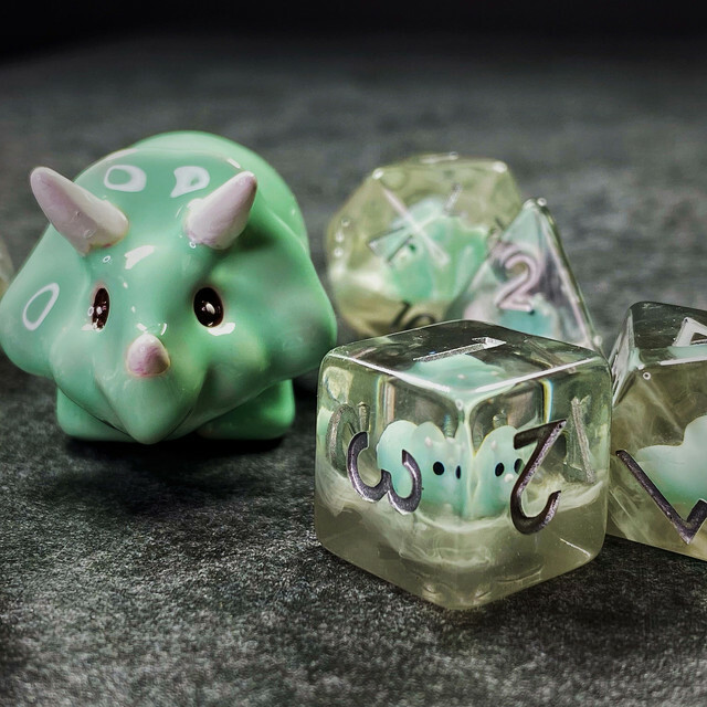 Sage's Familiars- Teal Baby Triceratops Familiar Resin Polyhedral Dice Set | DND