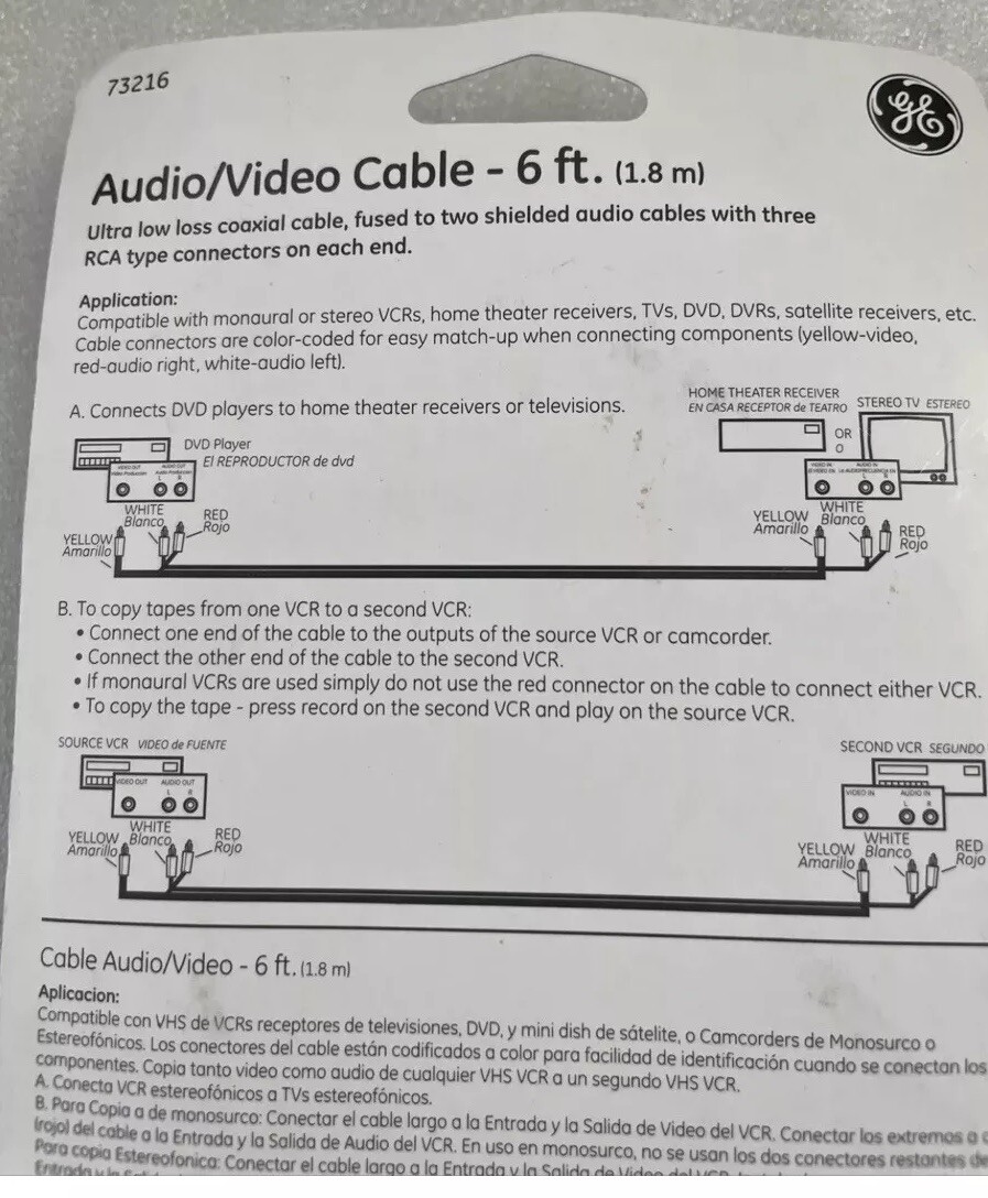 NEW GE 73216 Audio/Video Cable Red/White/Yellow 6FT