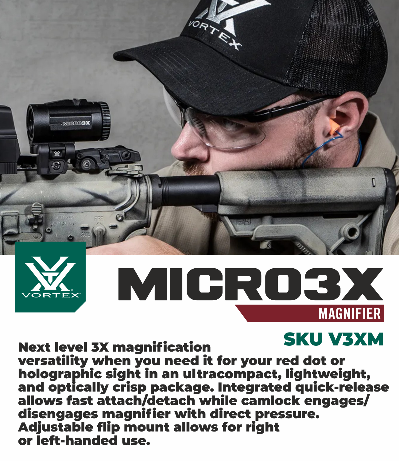 Vortex Optics Micro3X Red Dot Sight Magnifier w/ CD Hat and Cleaning Pen Bundle