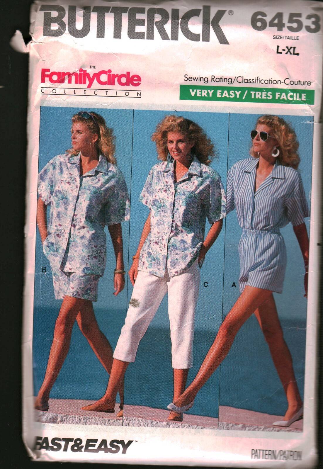 6453 Butterick SEWING Pattern Misses 1980s Shirt Shorts Pants Casual Easy XL