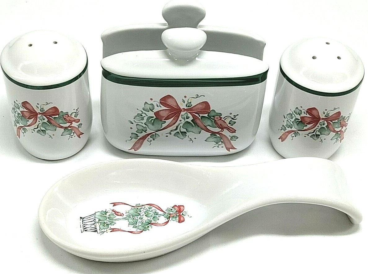 Napkin Holder Salt Pepper Ladle Kitchen Set Red ribbon/Green Vine