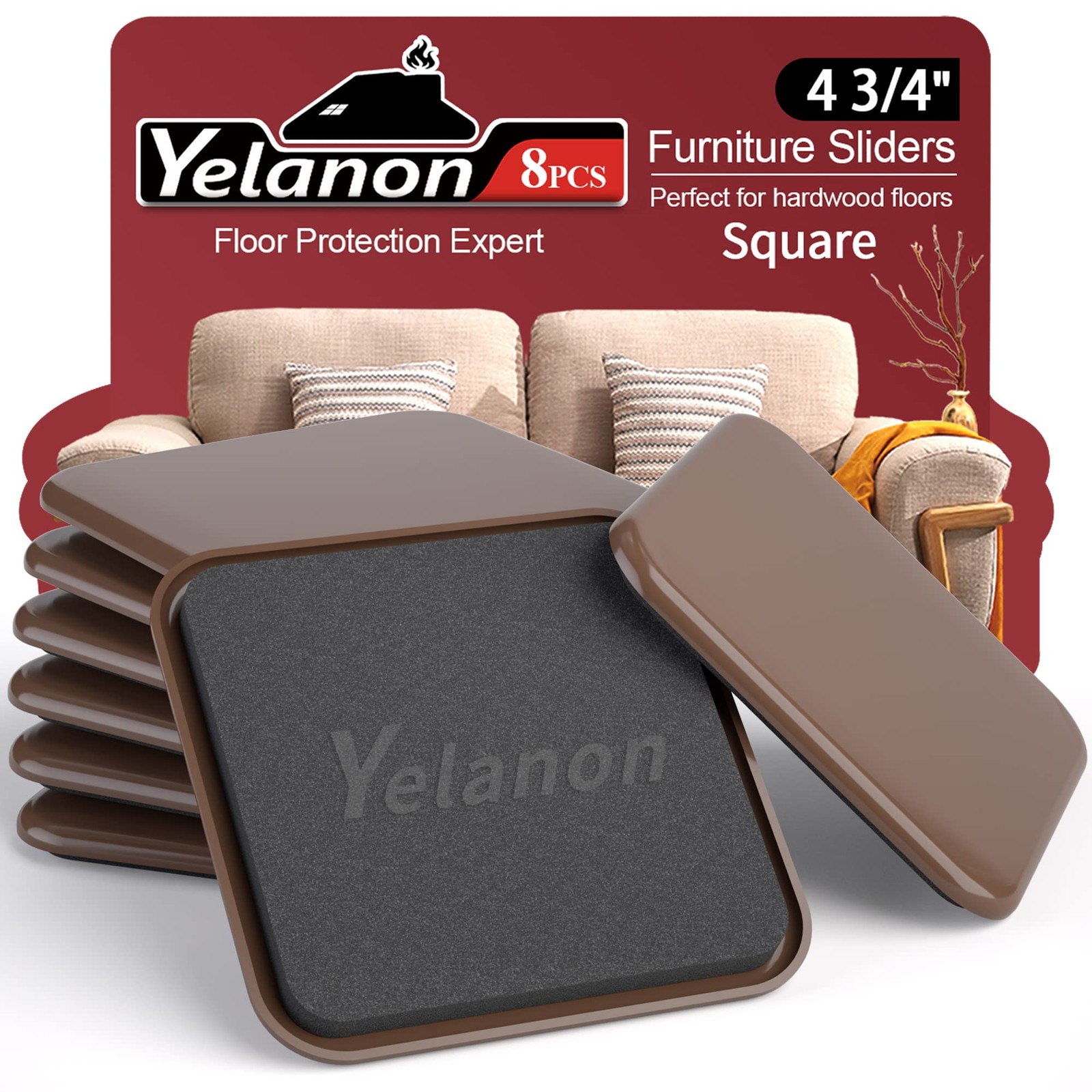 Furniture Sliders 8 pcs-4 3/4” Square Brown Furniture Sliders for Carpet Heav...