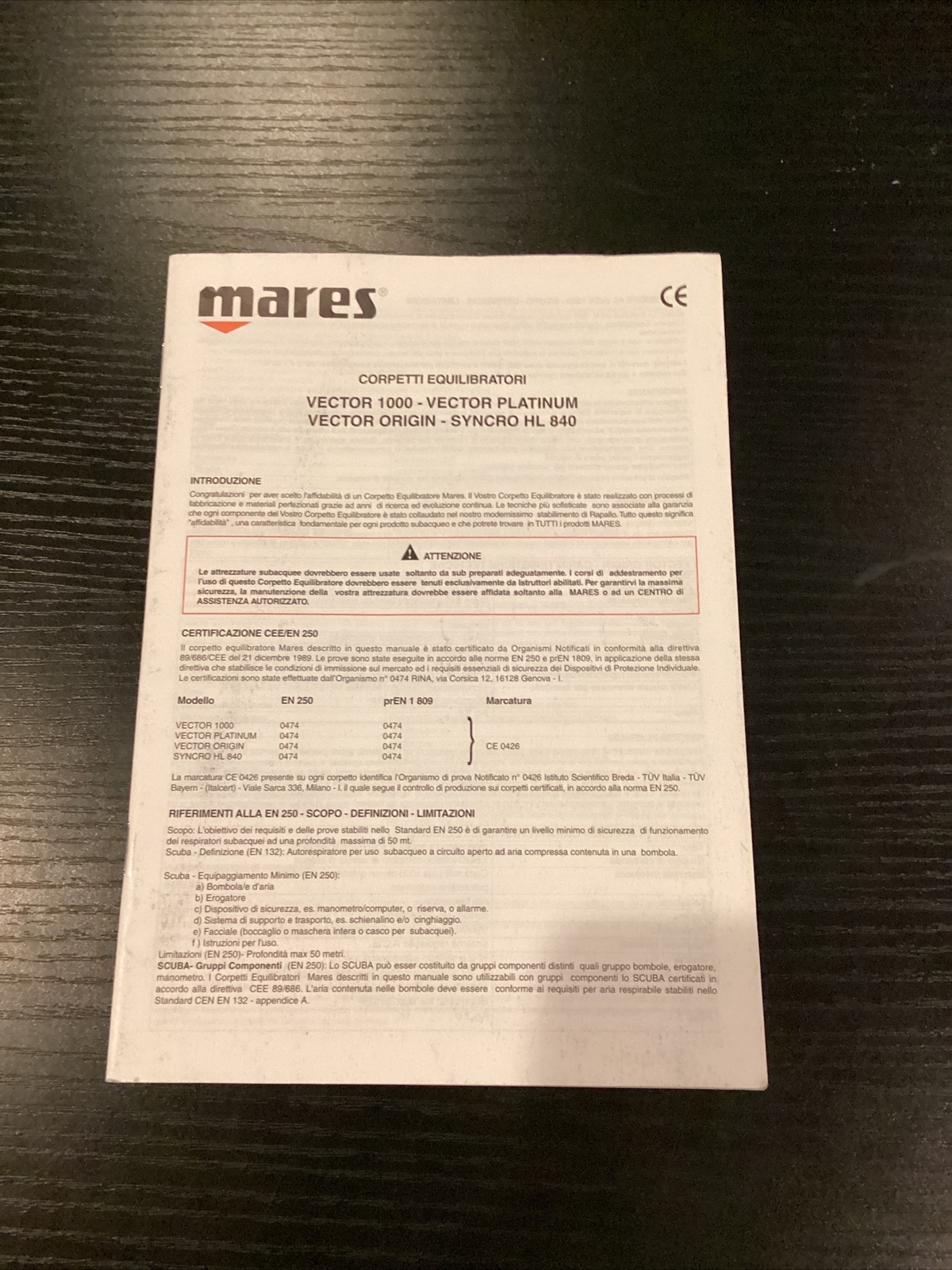 Mares Vector 1000 Vector platinum, Syncro HL 840 Owners Manual