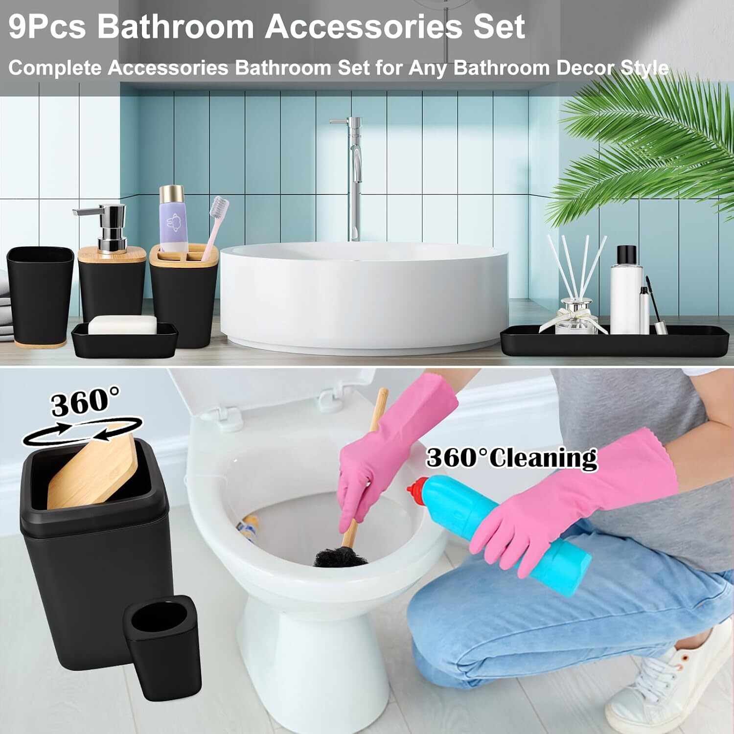 Bathroom Accessory Set, 9 Piece Black Bathroom Accessory Bathroom Decoration