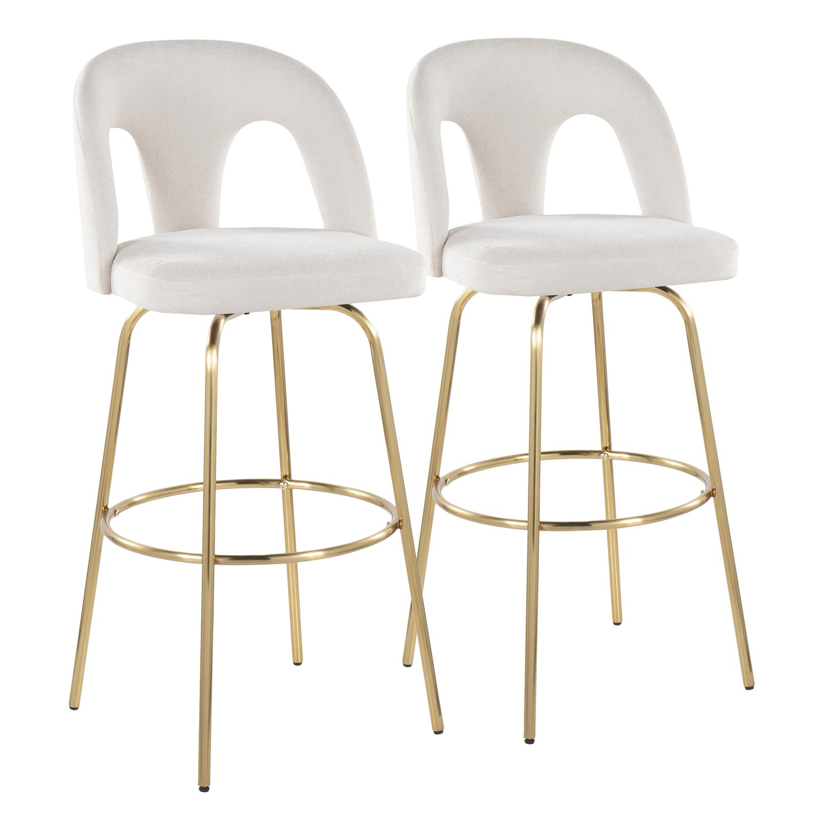 Set of 2 Barstools with Swivel, Gold Metal, Snow White Fabric