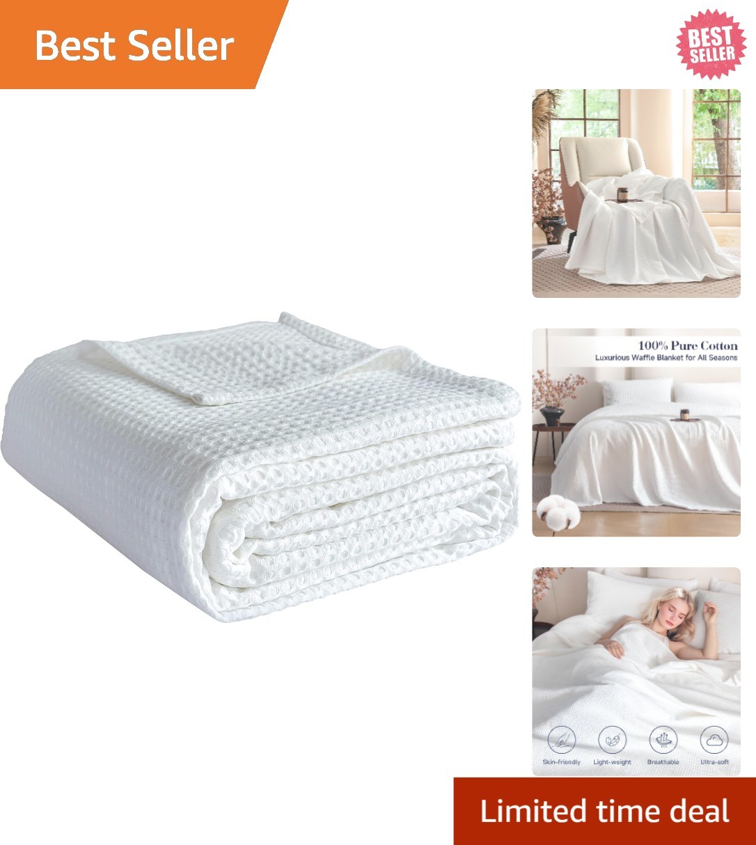 Breathable 100% Cotton Waffle Throw Blanket 40x50” - Luxury Home Decor in White