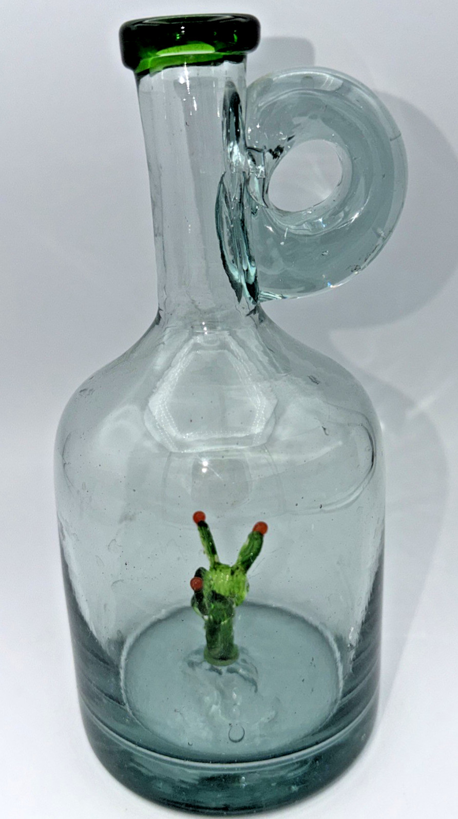 Blown Tequila Jug Bottle Green Rim Cactus Surprise Inside THICK Glass 9" Mexico