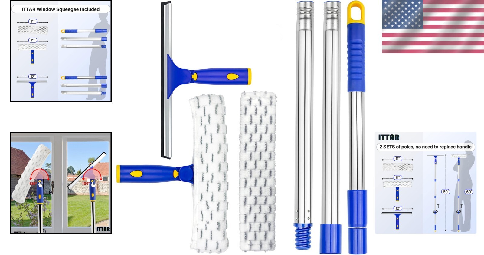 Professional Window Cleaning Kit with Microfiber Pads & Stainless Steel Poles