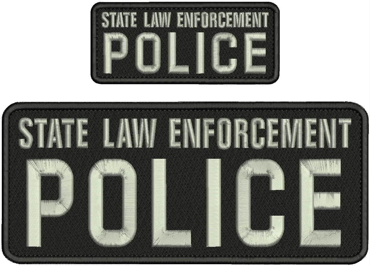 STATE LAW E POLICE EMBROIDERY PATCH 4X10 AND 2X5 HOOK  ON BACK  SILVER ON BLACK