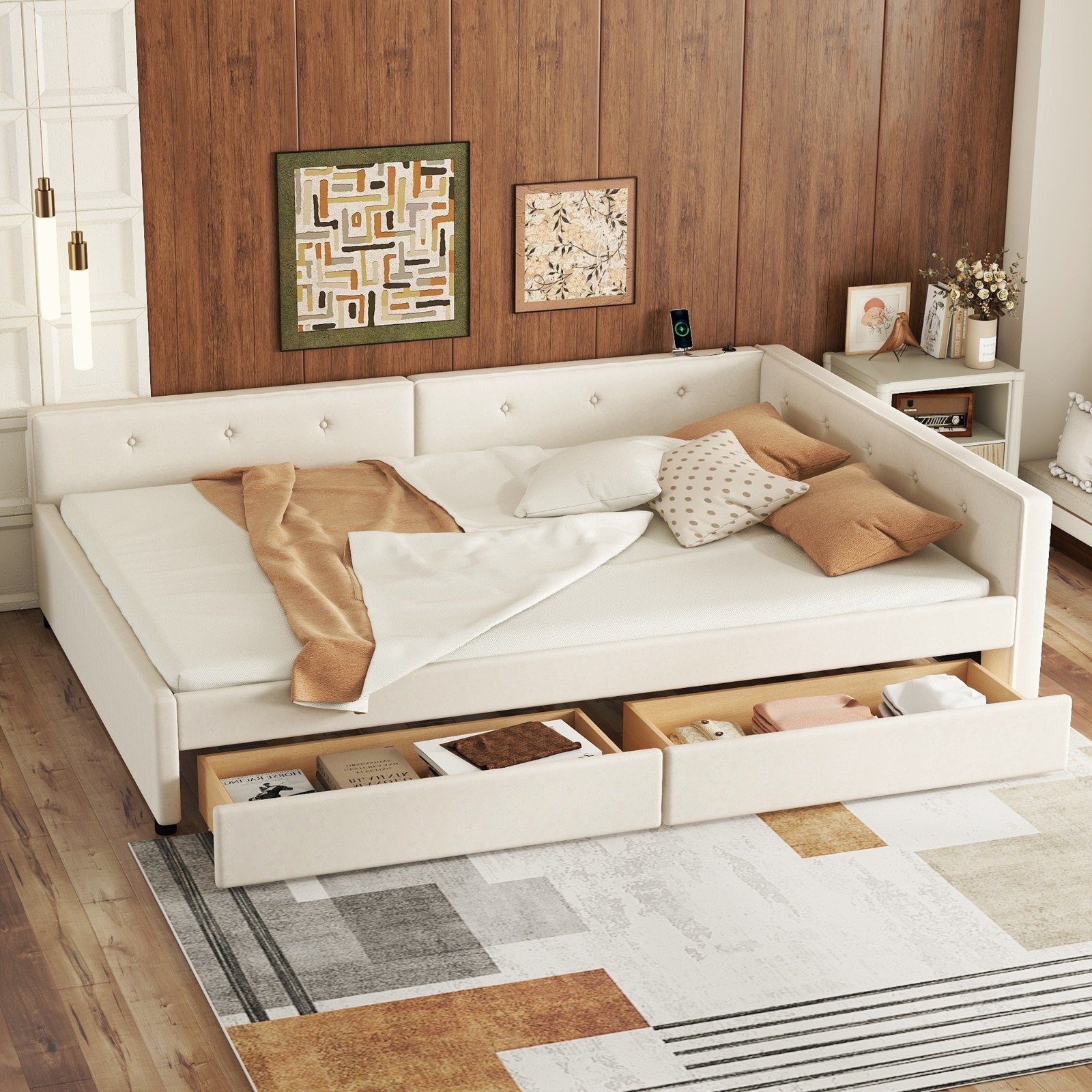 Full Size Upholstered Platform Bed with USB and 2 Drawers Beige for Bedroom