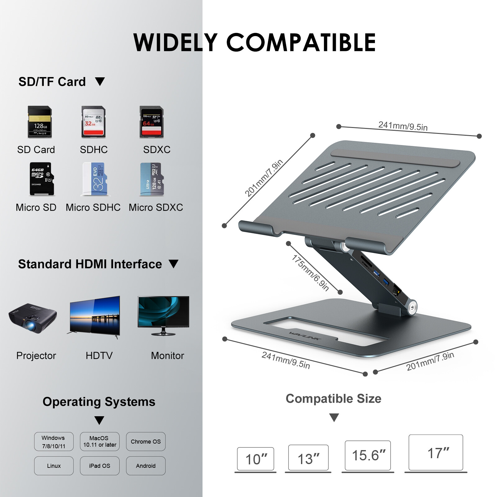9-in-1 USB C Dock Laptop Stand Computer Riser Dual HDMI RJ45 for 10-17" Notebook
