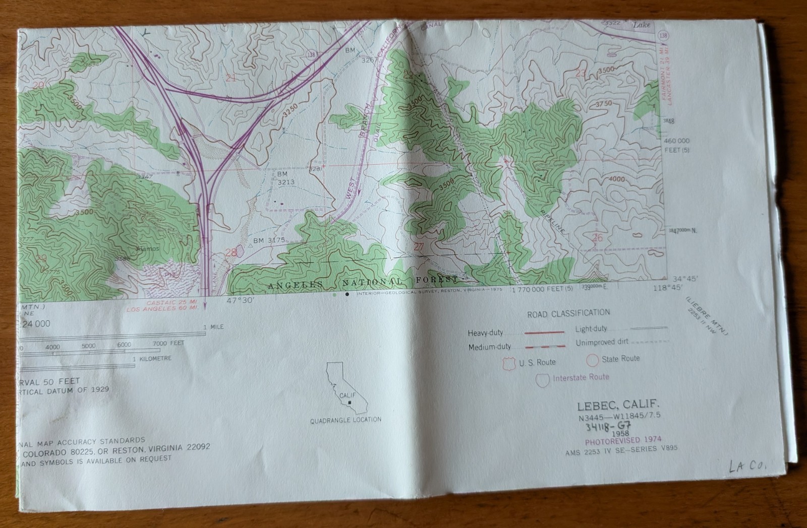 USGS Topo Map 7.5' Quad Lebec, California N3445-W11845/7.5, 1958 (revised 1974)