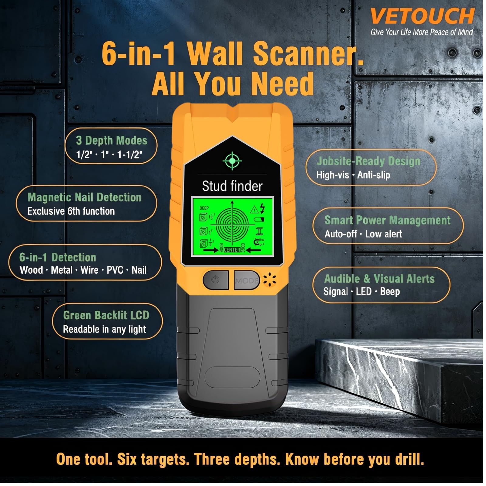 VETOUCH Orange Black Stud Finder Wall Scanner LCD Display