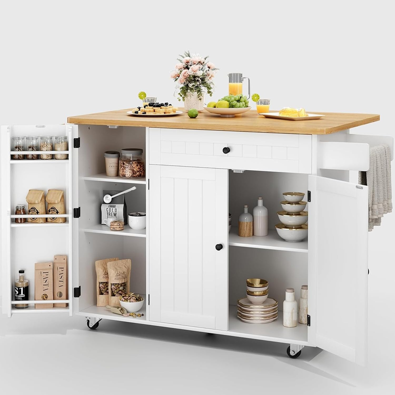 Kitchen Island with Storage, 41.7" Rolling Cart with Drop Leaf, Portable Island
