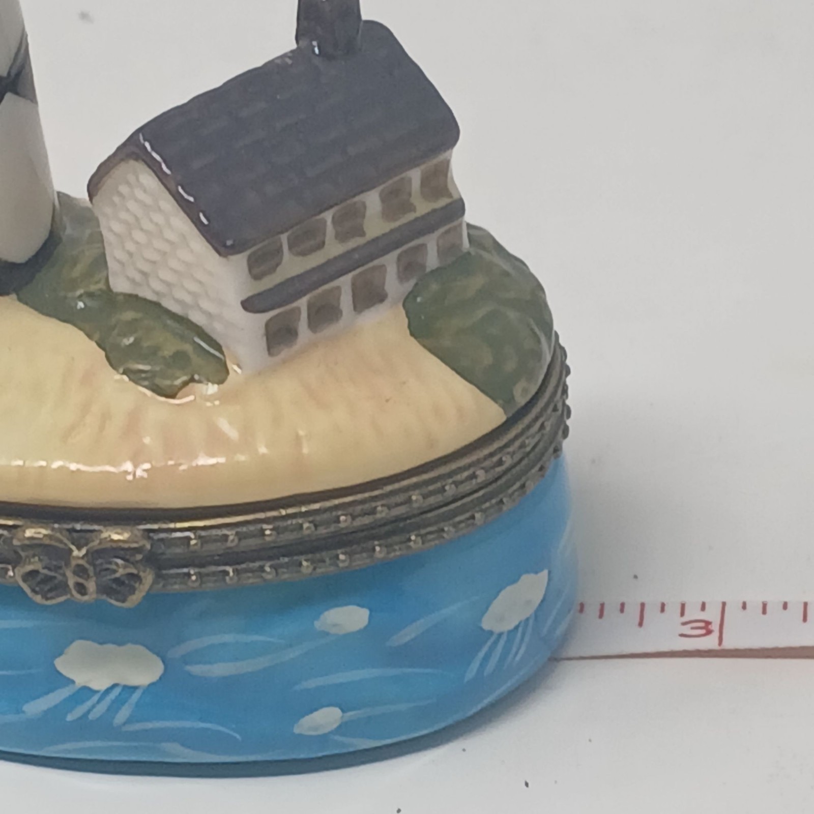Lighthouse Porcelain Trinket Box Coastal Scene Bronzetone Hinged Closure #S-2