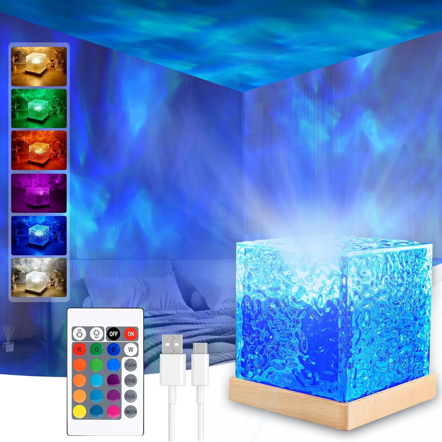 Ocean Wave Projector Light,16 Colors Ocean Lamp Water Ripple Cube Night Light wi
