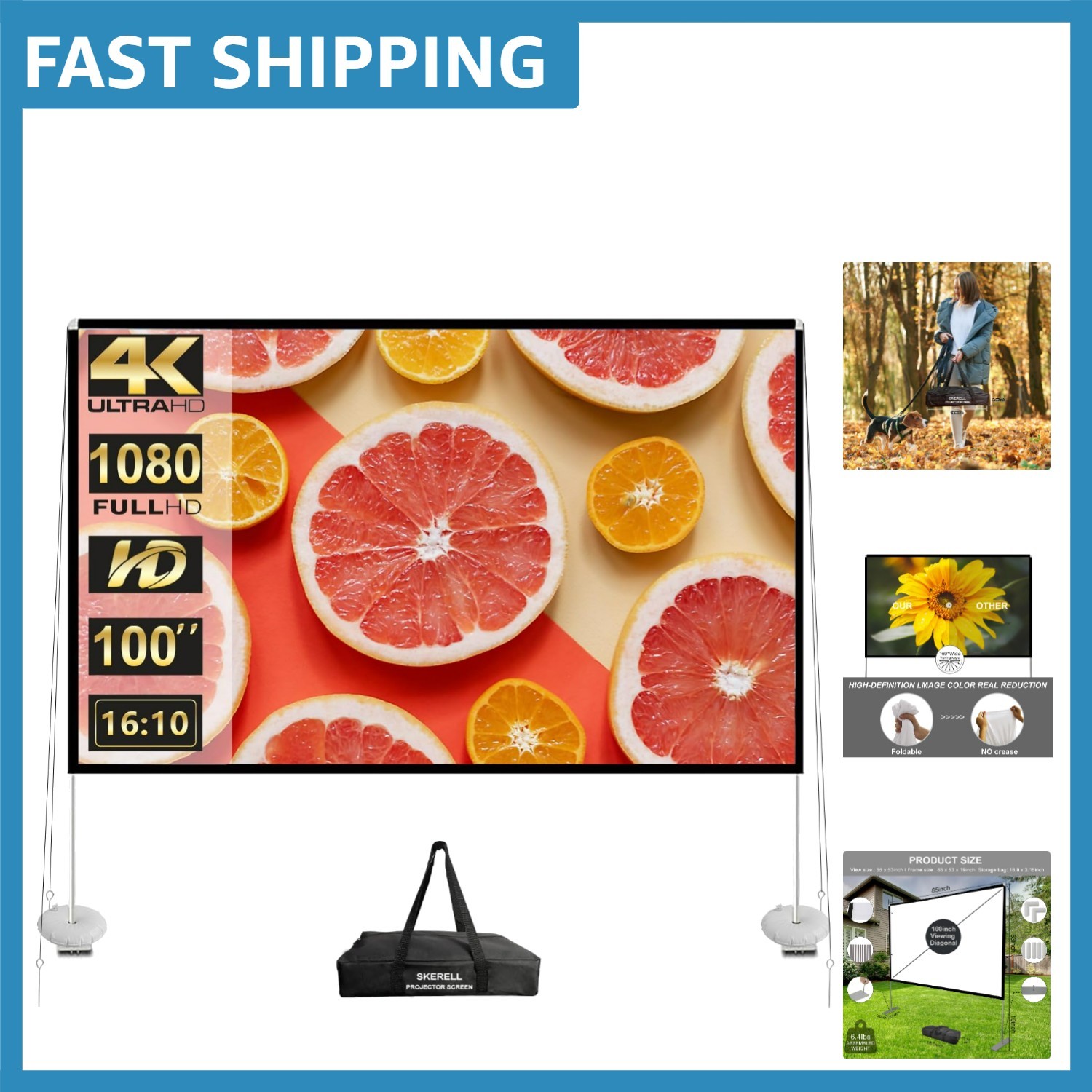 Quick Assemble 100 Inch Indoor and Outdoor Projector Screen - 160 Degree View
