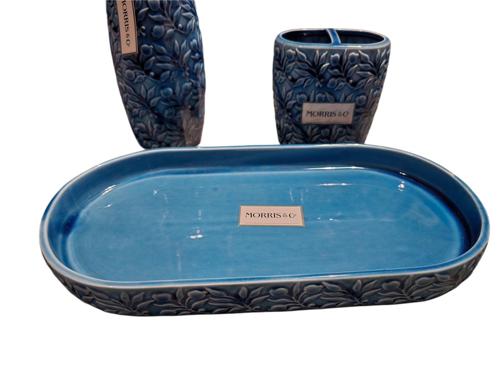William Morris & Co Bathroom Vanity 3pc Ceramic Accessory Set Blue Floral - NWT