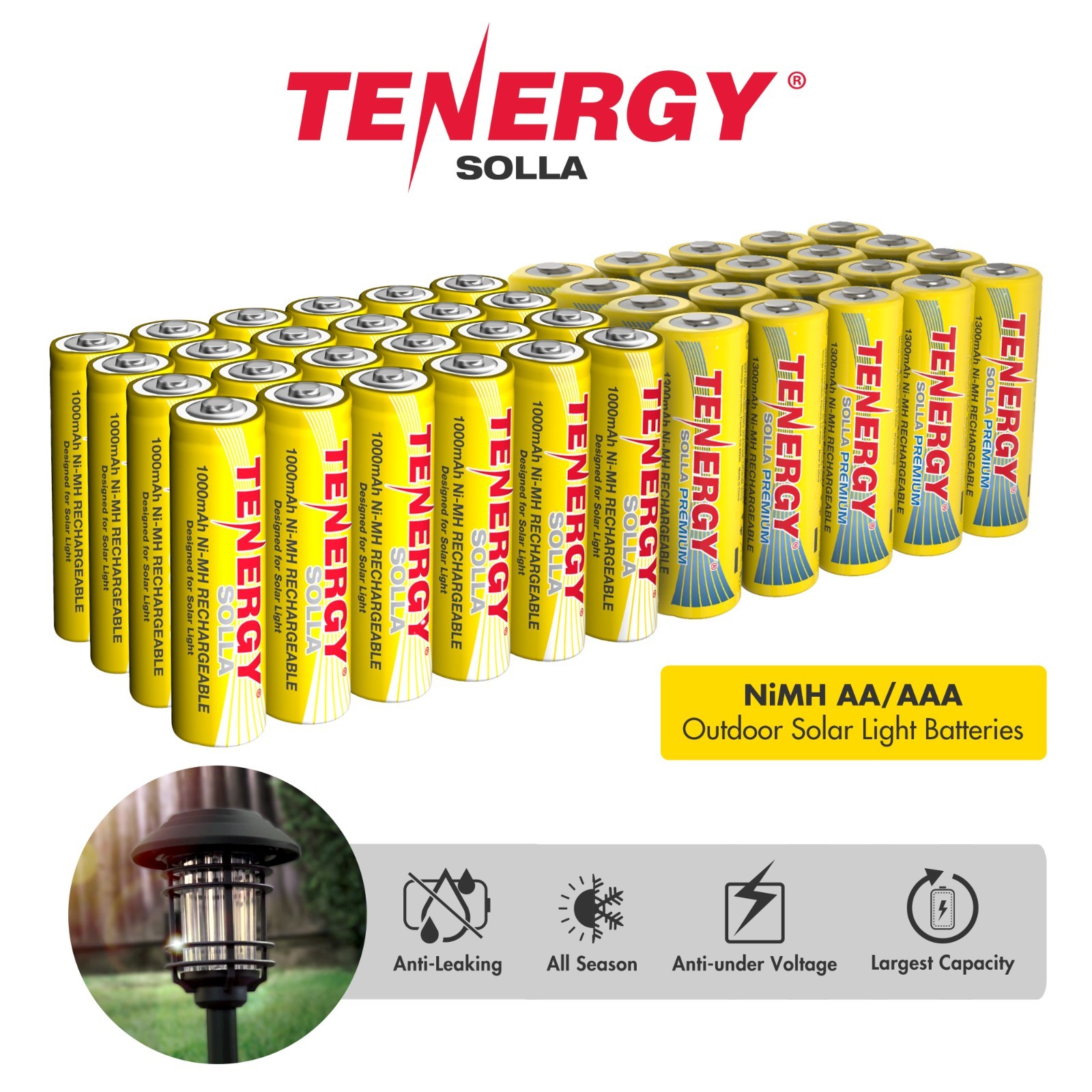 Tenergy Solla NiMH AA 1000mAh 1300mAh Rechargeable Batteries Solar Garden Lights