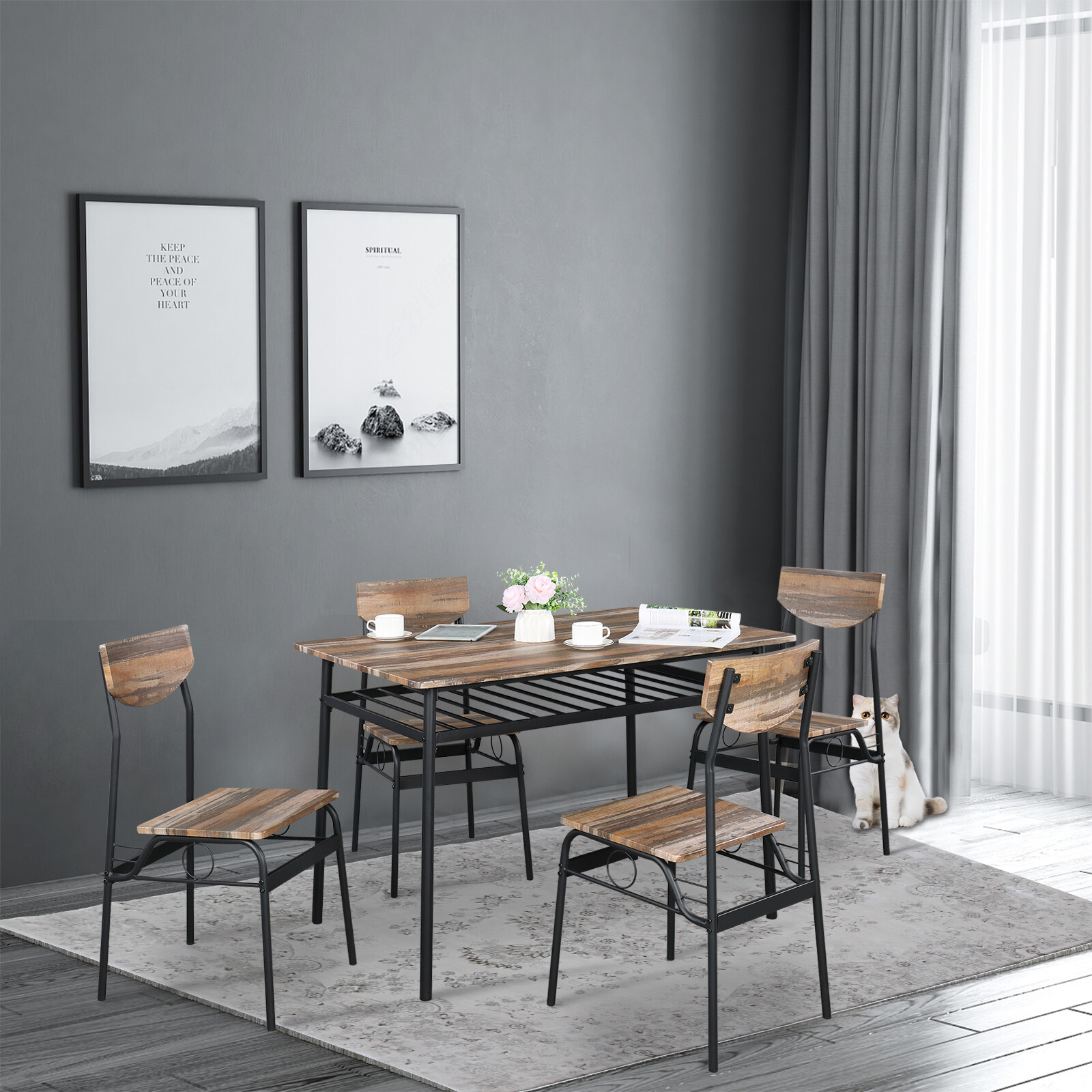 US 5Pcs Rustic Wood Dining Set With 1 Rectangular Table & 4 Chairs Natural Color