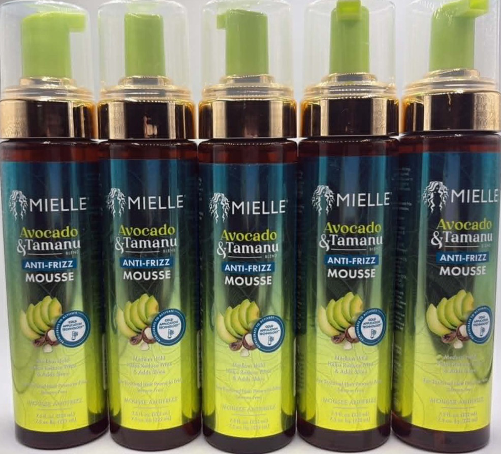 5PK Mielle Avocado & Tamanu Anti-Frizz Mousse ~ 7.5 FL OZ EA ~ Medium Hold ~ NEW