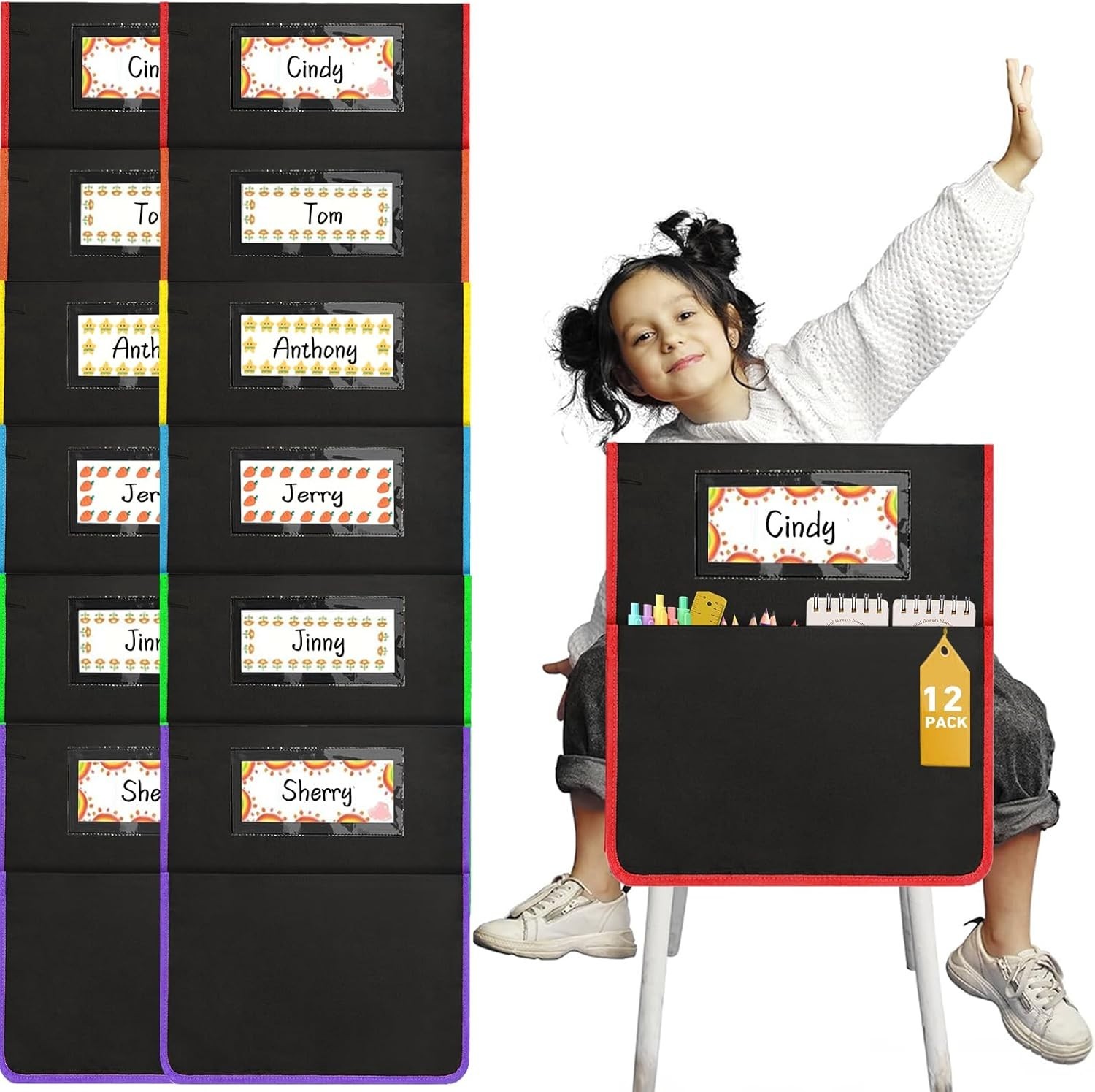 12 Pcs Classroom Chair Pockets, 17 x 15 Inch Seat Sacks for Chairs, Buddy Pocket
