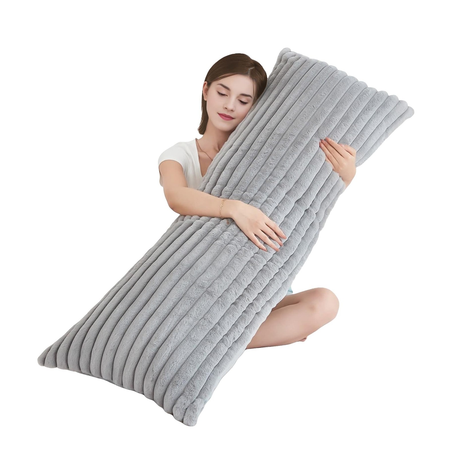 Full Body Pillow 20x54 Inches Fluffy Stripe Faux Fur Gray For Side Sleepers New