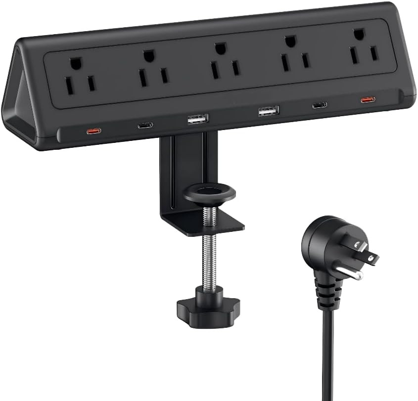 6.5 FT Desk Clamp Power Strip with 5 AC Outlets & 6 USB Ports PD 40W USB-C Fast
