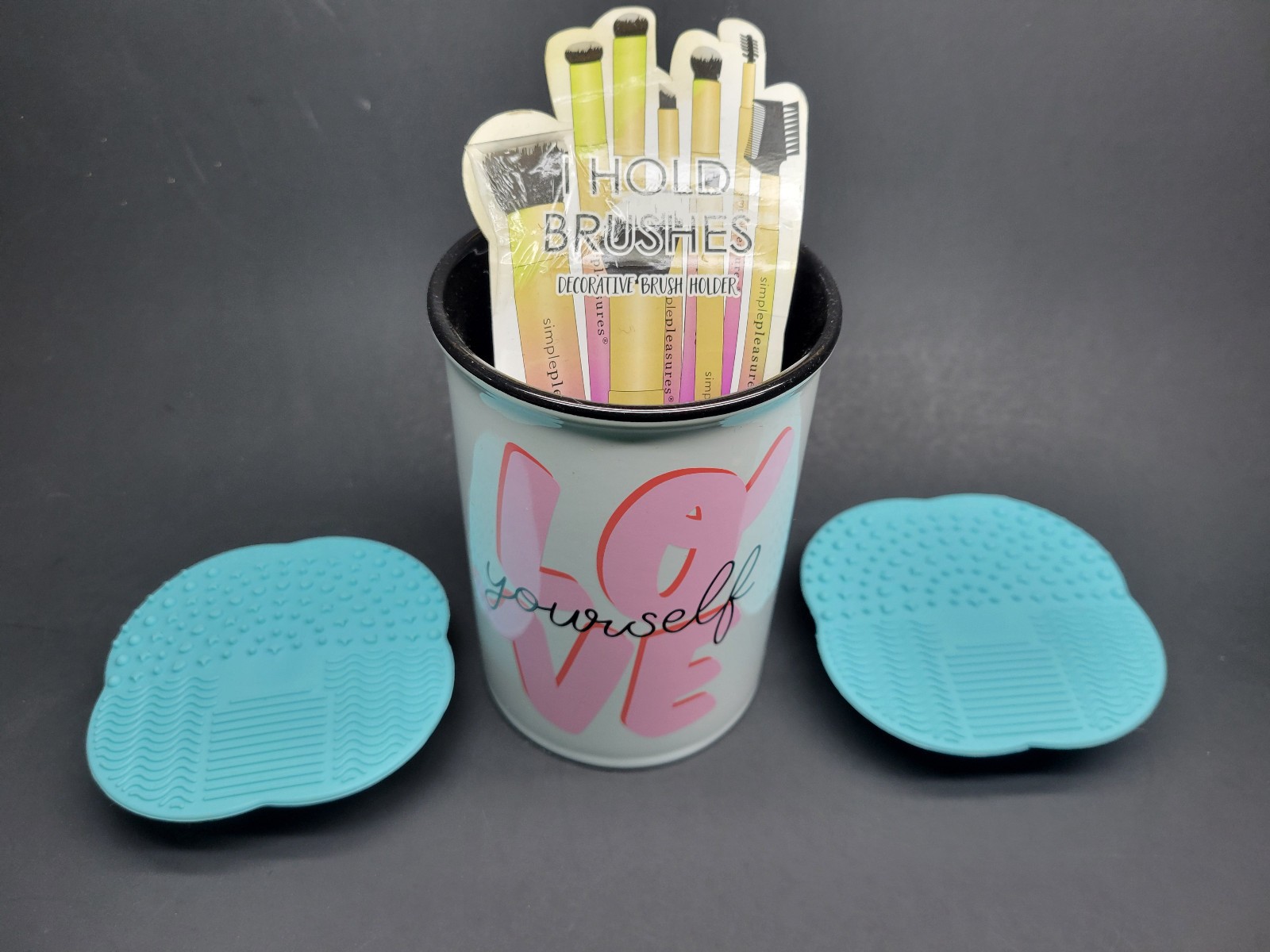 "Love Yourself" CERAMIC MAKEUP BRUSH HOLDER CUP + 2 Makeup Brush Cleaning mats
