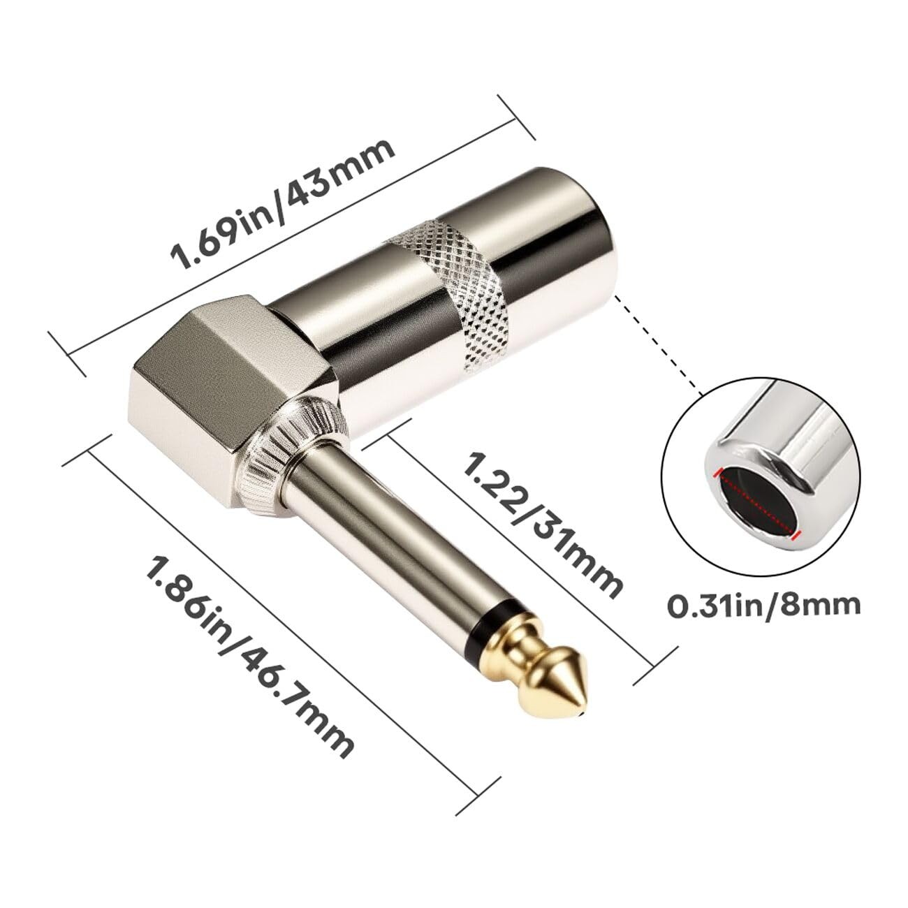 Audio 1/4" 90 Degree Right Angle Plug, 6.35mm TS Plug 5PACK
