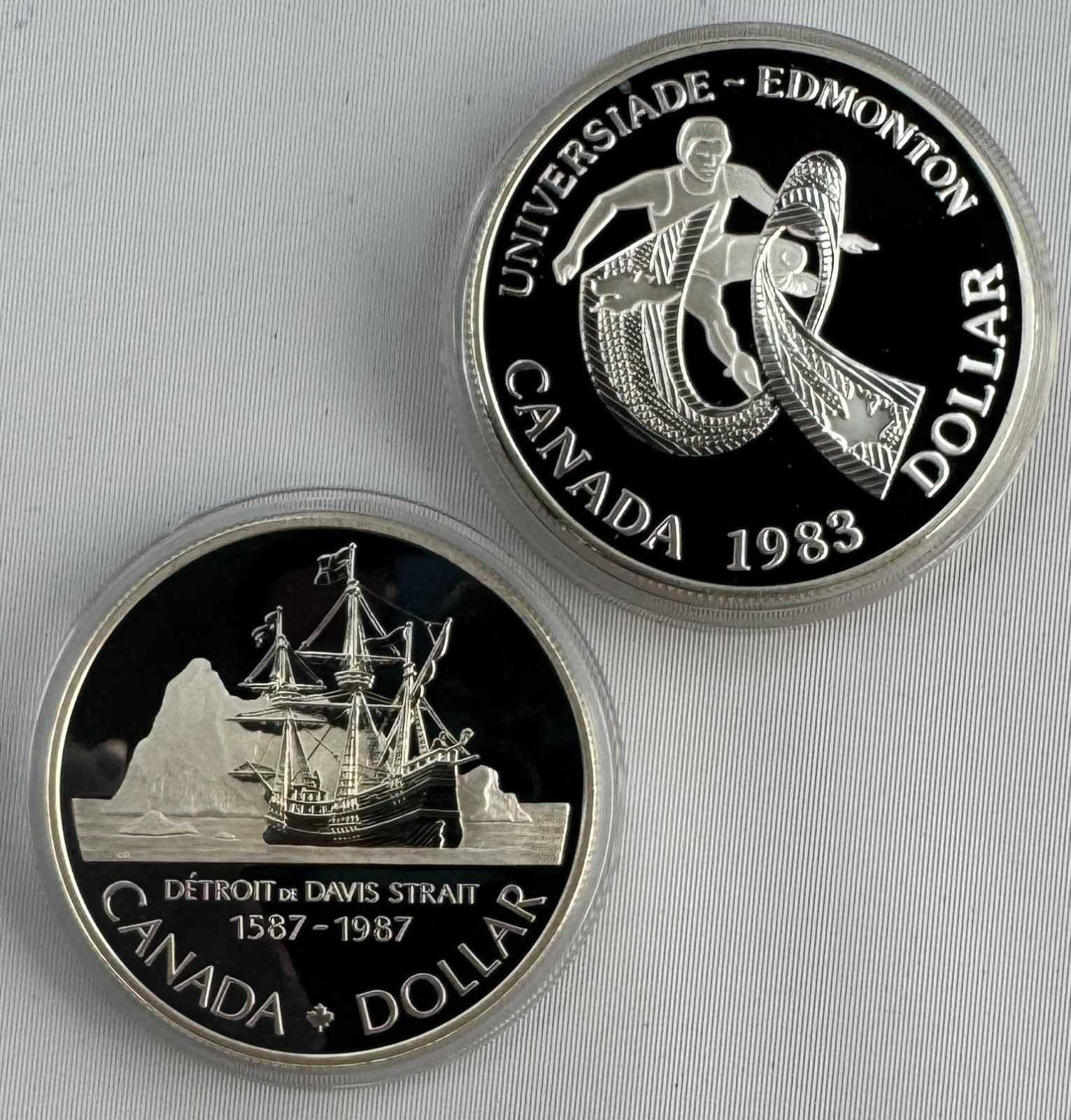 1983 + 1987 Canada Silver Dollar Proof 2-Coin Lot Capsules RCM Edmonton + Davis