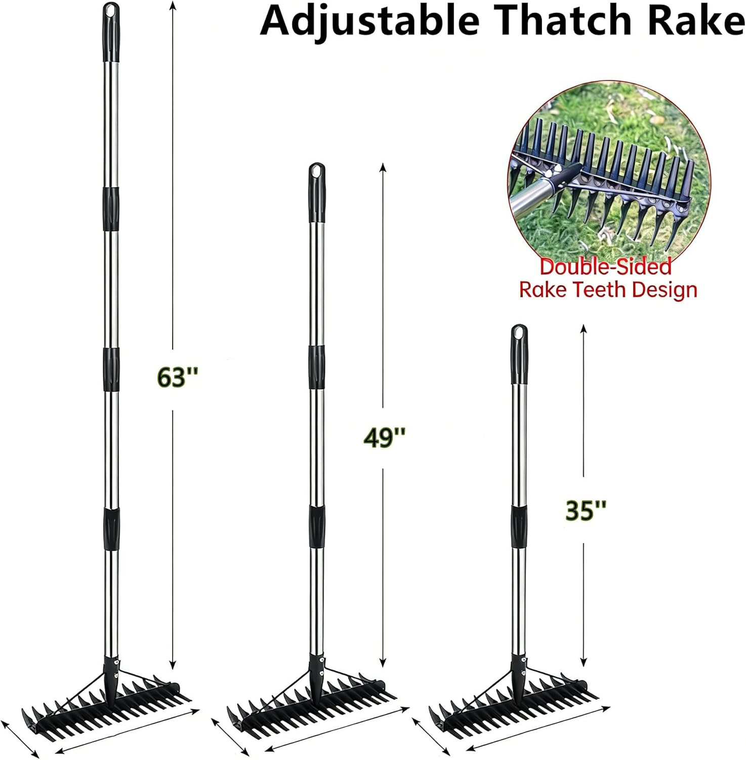 Thatch Rake - 63 Inch Dethatcher Rake with Upgraded Dual-Action Tines, Adjustabl