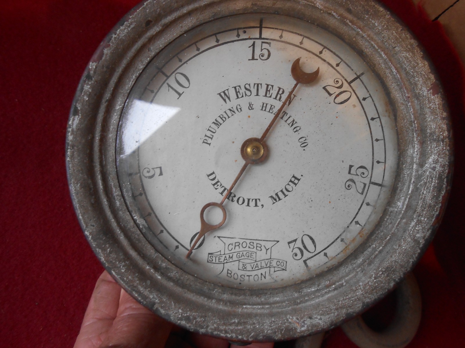 VINTAGE STEAM GAUGE-CROSBY -WESTERN PLUMBING-DETROIT---CAST IRON BODY BRASS RING
