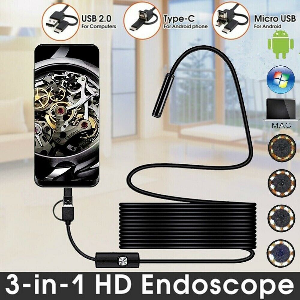 USB Type-c Endoscope Borescope Snake Inspect HD Camera 3 in 1 for Phone Android