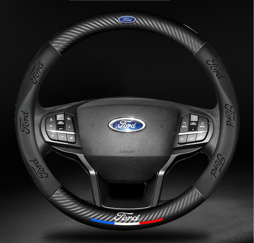15" PU Leather + Carbon Fiber Steering Wheel Cover for 1980-2024 Ford All Cars-