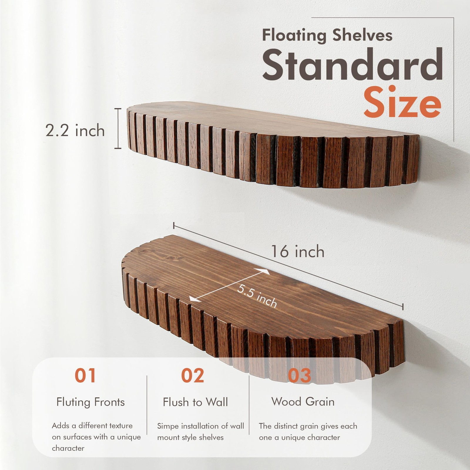 2 PCS Wood Rounded Fluted Floating Shelf 16x5.5 Inch Modern Display Rustic