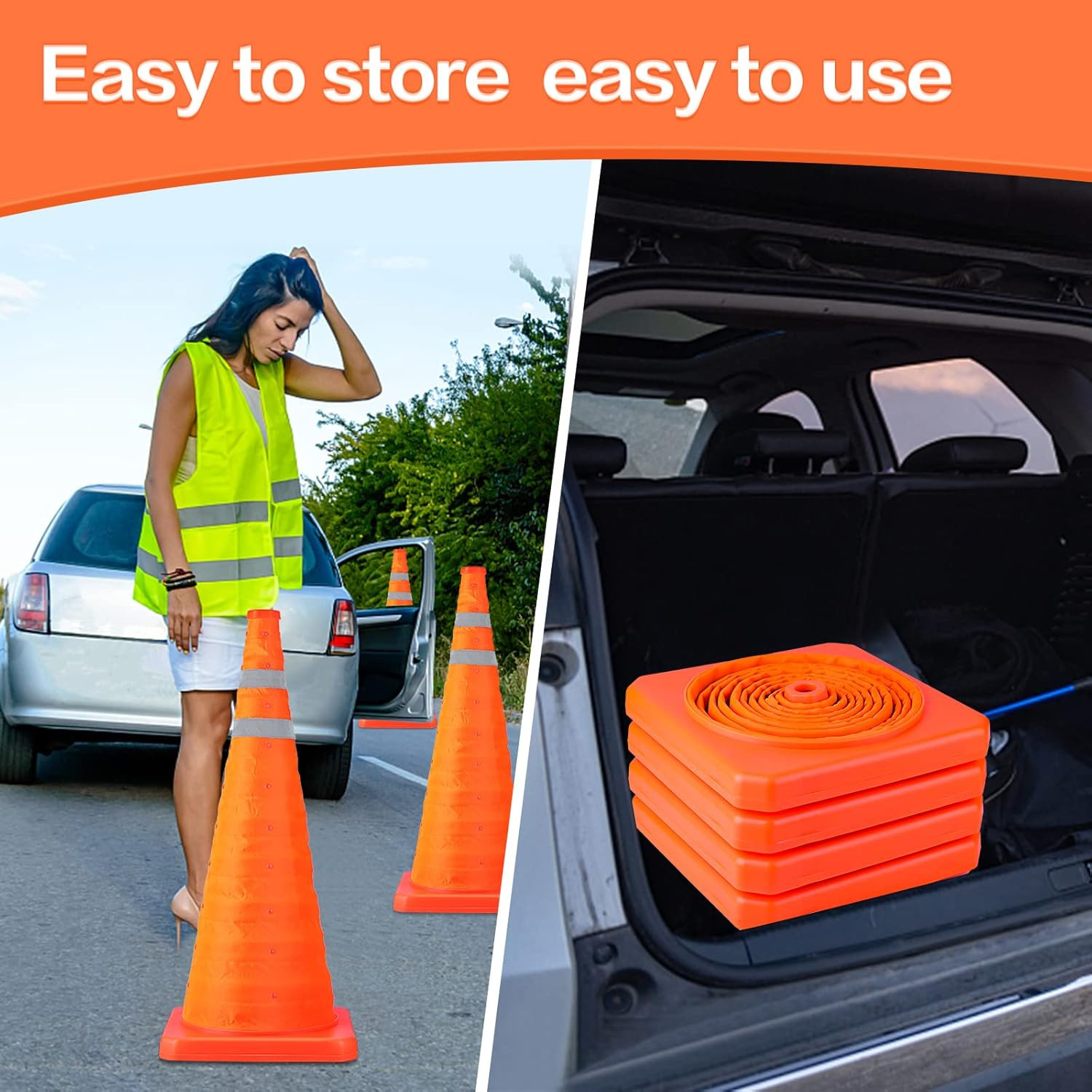 2 Pack 28" Collapsible Traffic Safety Cones - Reflective Parking Training